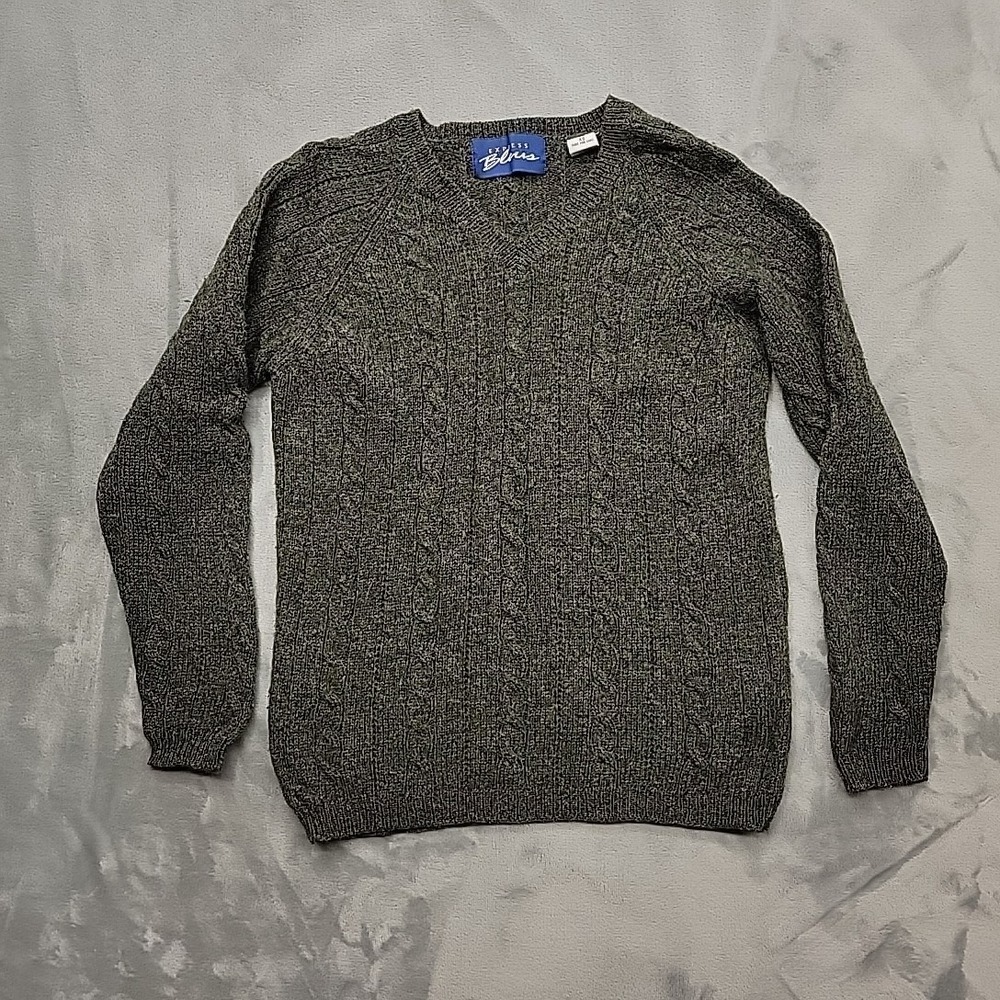 Express Blues Sweater Mens XS Green Cable Knit V Neck Wool Pullover Winter Warm